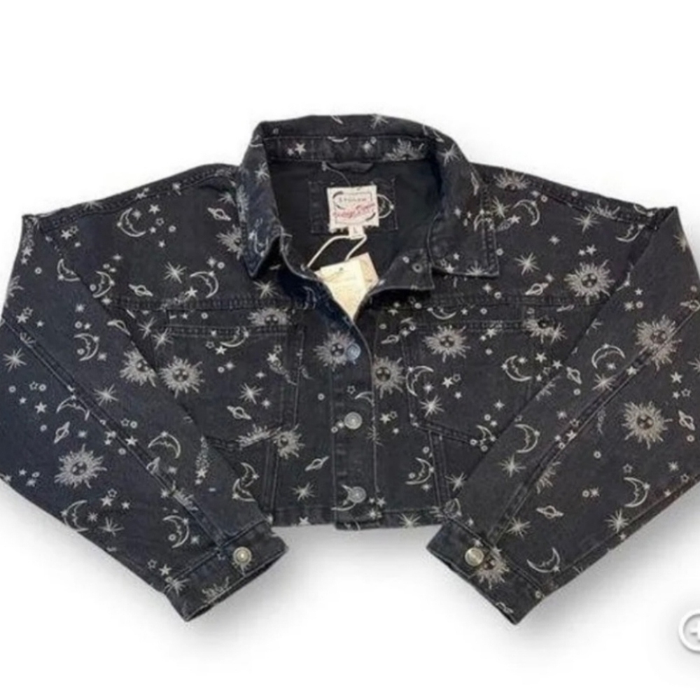 Brand New Stoosh Vintage Denim Celestial Moon & Sun Cropped Denim Jacket Size XL